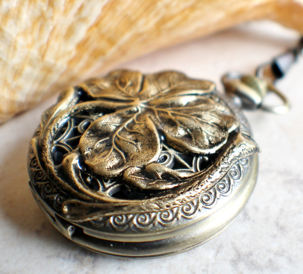 Four leaf clover pocket watch in bronze, battery operated. - Char's Favorite Things - 2