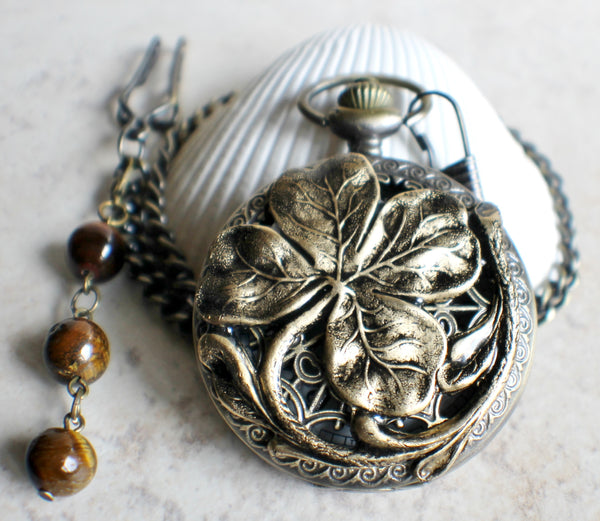 Four leaf clover pocket watch in bronze, battery operated. - Char's Favorite Things - 3
