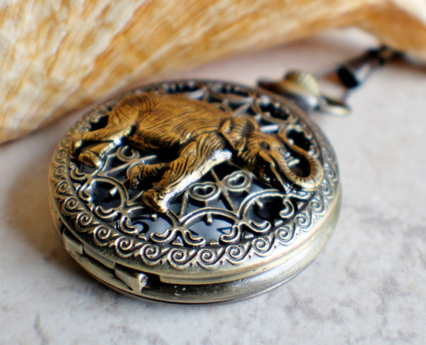Elephant pocket watch,  Men's elephant pocket watch with tiger eye beads adorning chain - Char's Favorite Things - 2