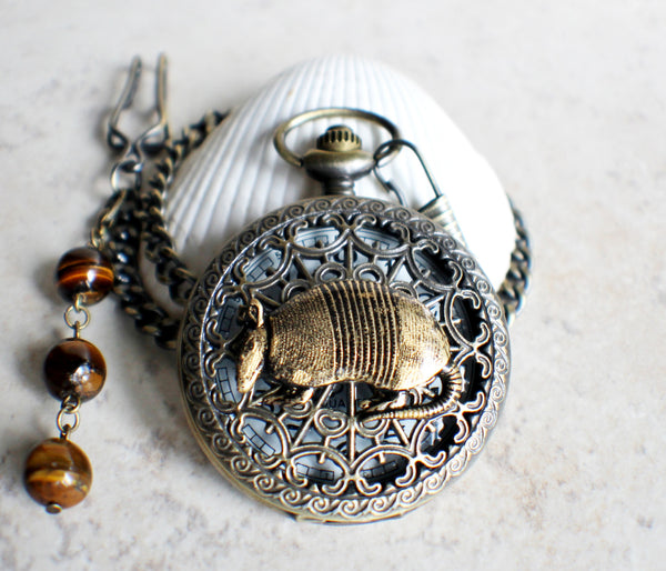 Armadillo pocket watch, mens pocket watch with armadillo mounted on front case - Char's Favorite Things - 2