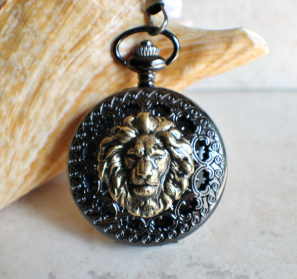 Bronze lion pocket watch, mechanical pocket watch in black.
