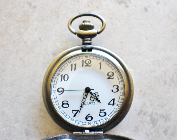 Four leaf clover pocket watch in bronze, battery operated. - Char's Favorite Things - 4