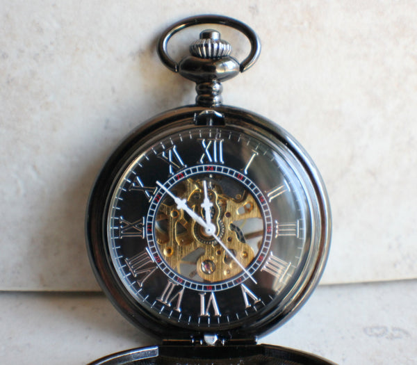 Black Skull and Crossbones Mechanical Pocket Watch - Char's Favorite Things - 4