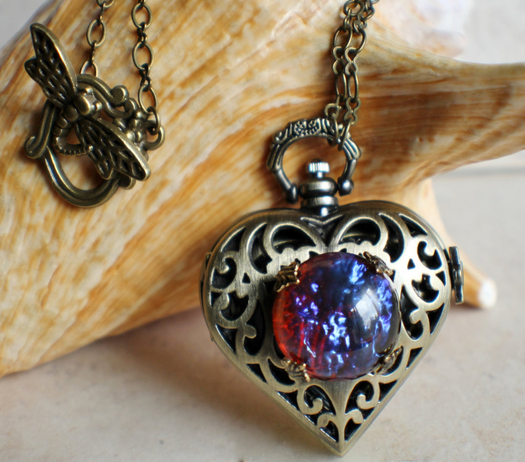 Watch locket with dragons breath glass opal