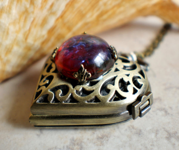 Watch locket with dragons breath glass opal