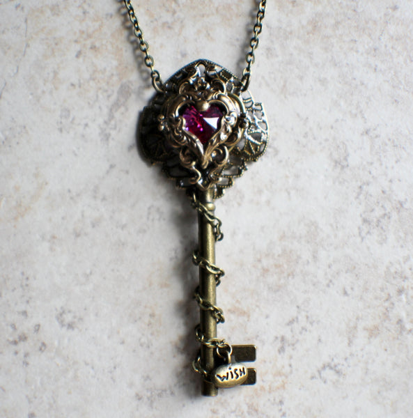 Victorian Skeleton Key Necklace with your Choice Crystal Heart