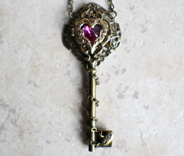 Victorian Skeleton Key Necklace with your Choice Crystal Heart