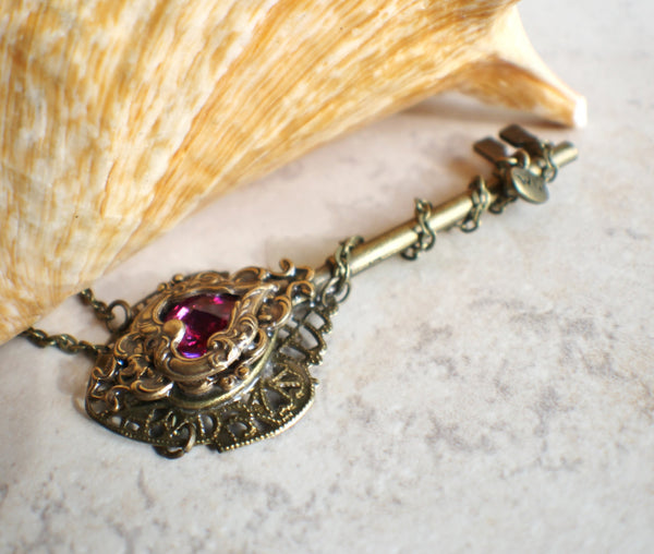 Victorian Skeleton Key Necklace with your Choice Crystal Heart