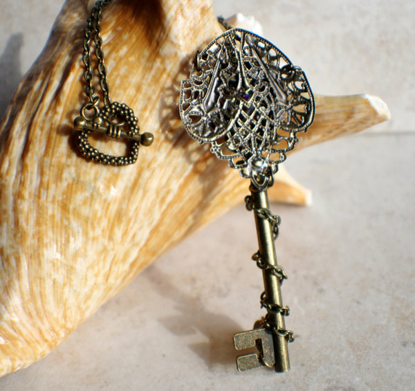 Victorian Skeleton Key Necklace with your Choice Crystal Heart