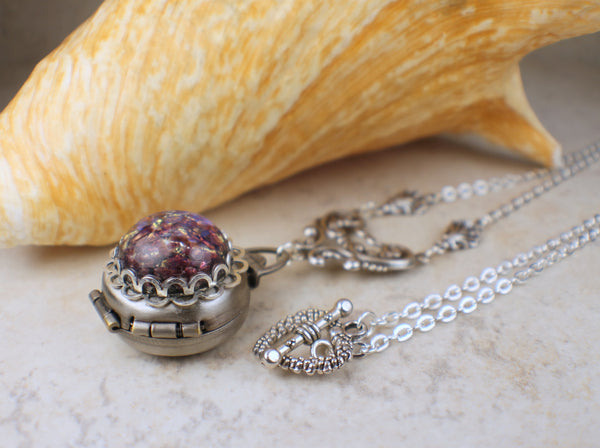 Amethyst Glass  Opal Four Photo Locket Silver