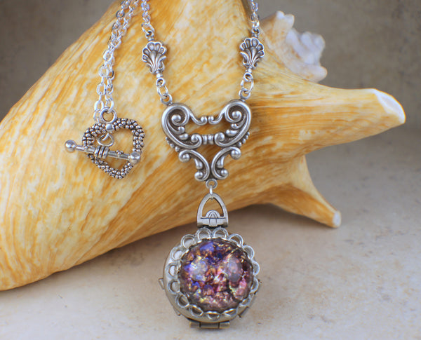 Amethyst Glass  Opal Four Photo Locket Silver