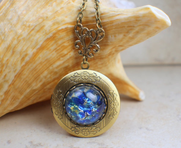 Sapphire Blue Glass Fire Opal Photo Locket