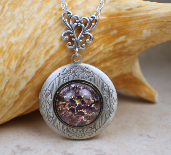 Amethyst Glass  Opal Locket in Silver