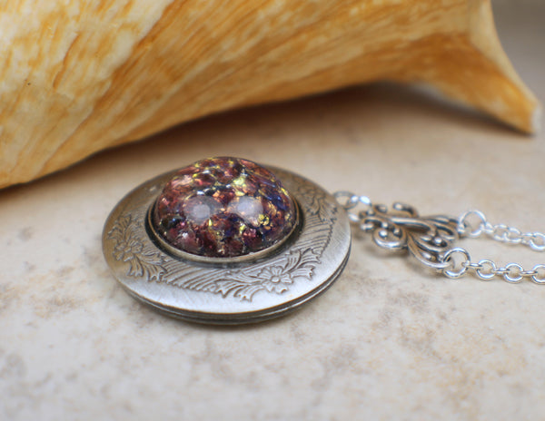 Amethyst Glass  Opal Locket in Silver