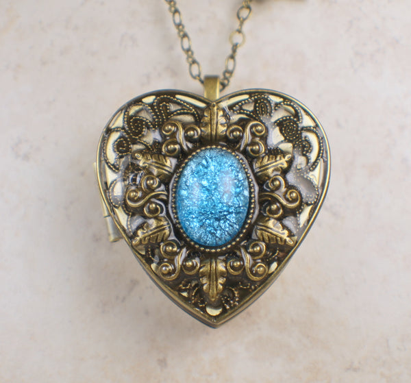 Aqua Glass Opal Music Box Locket