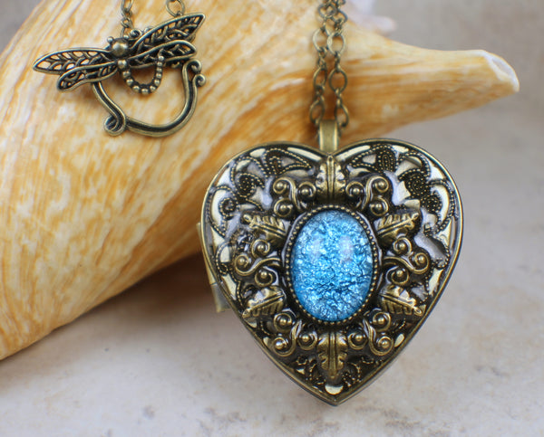 Aqua Glass Opal Music Box Locket