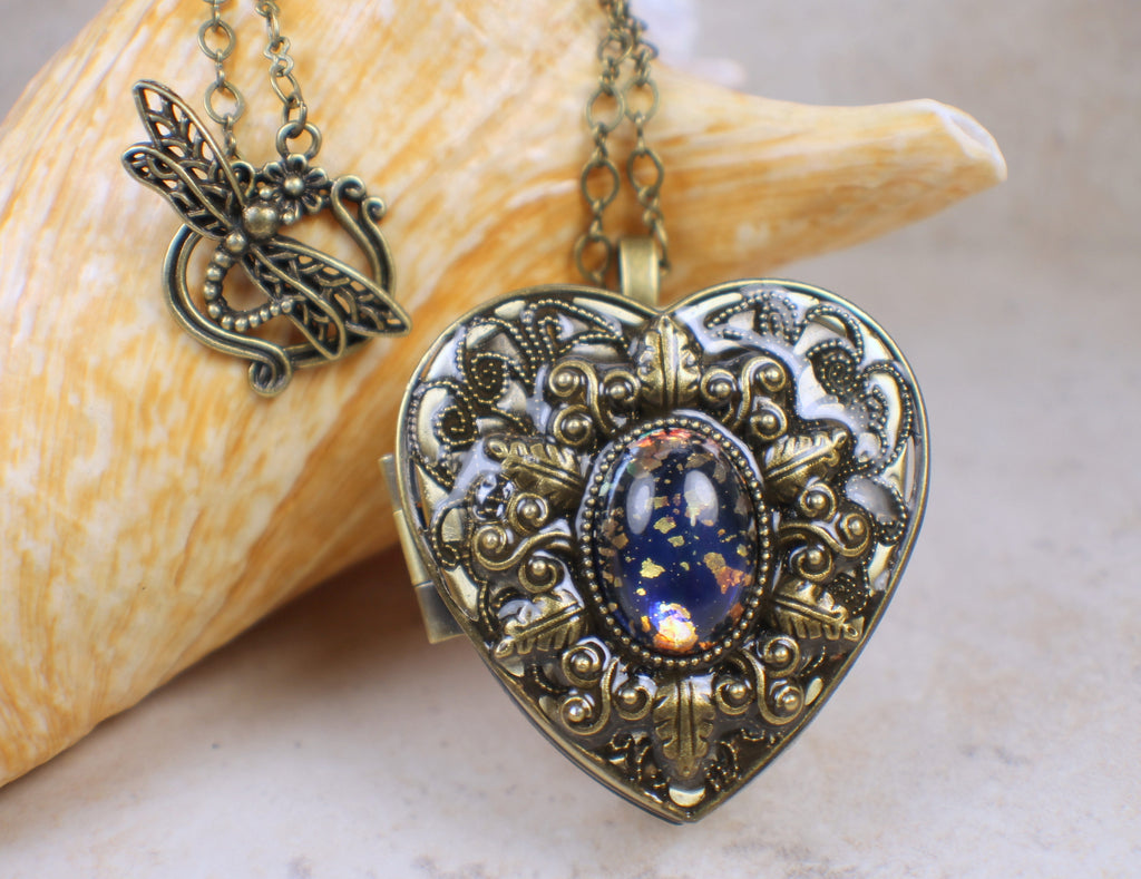 Blue and Gold Glass Opal Music Box Locket