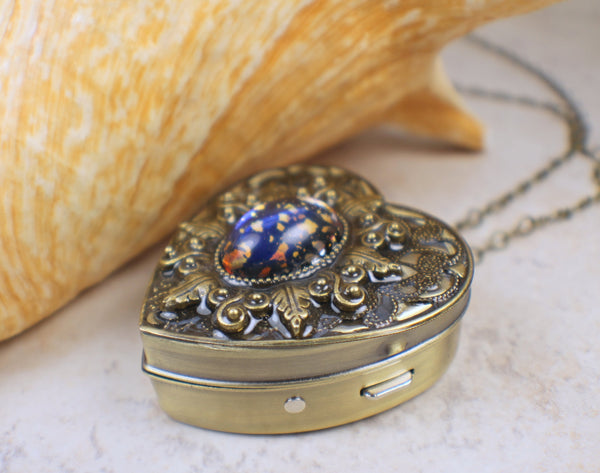 Blue and Gold Glass Opal Music Box Locket