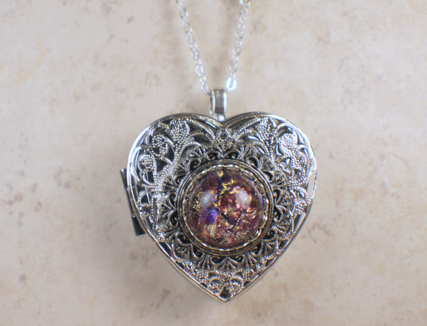 Amethyst Glass Opal Silver Music Box Locket