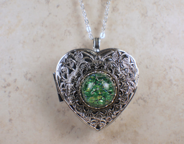 Emerald Green Glass Opal Silver Music Box Locket