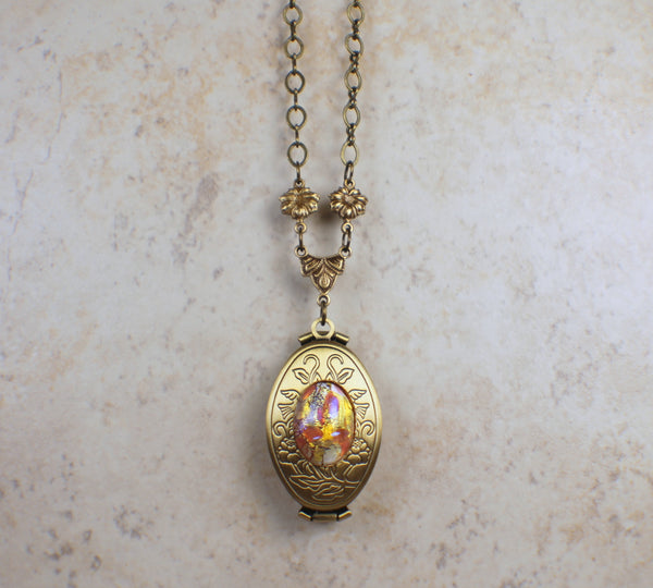 Monet Red Sunset Glass Opal Bronze Photo Locket