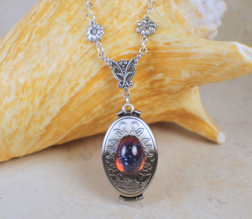 Dragons Breath Red Glass Opal Silver Photo Locket