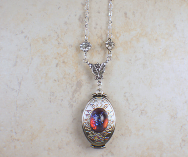 Dragons Breath Red Glass Opal Silver Photo Locket