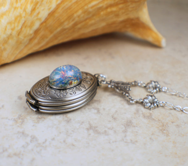 Blue Harlequin Glass Opal Silver Photo Locket