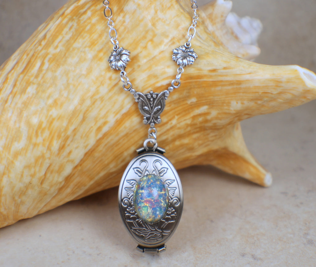 Blue Harlequin Glass Opal Silver Photo Locket