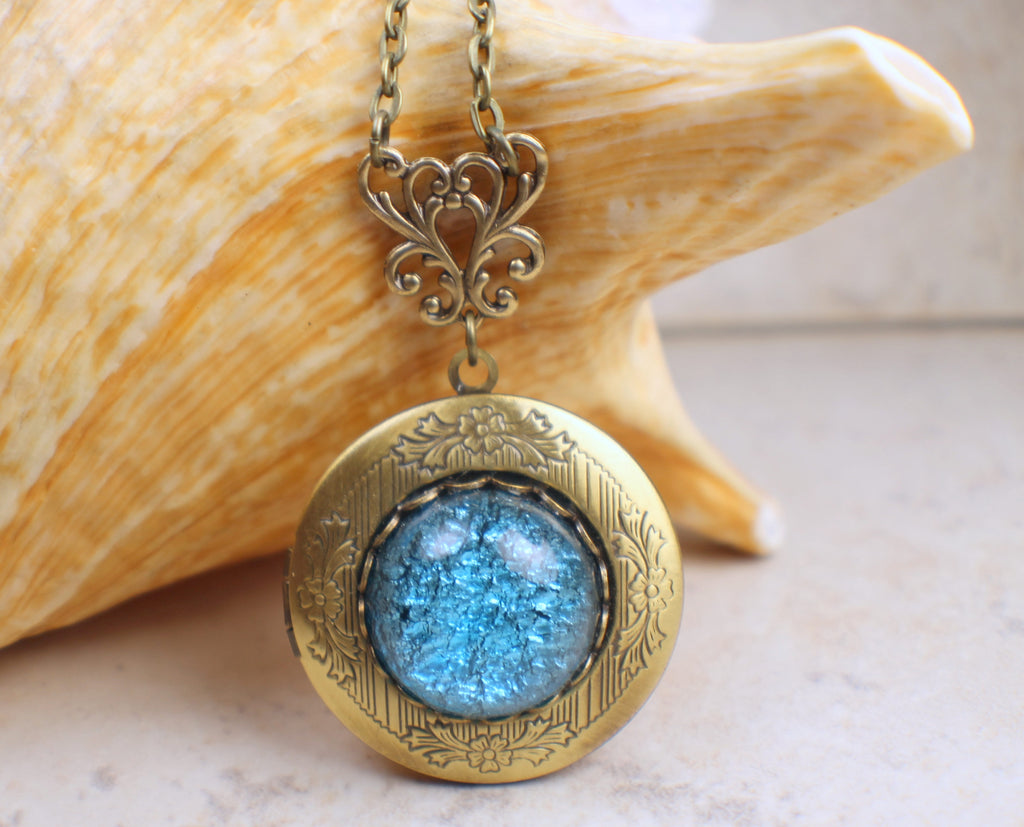 Aqua Blue Glass Fire Photo Opal Locket