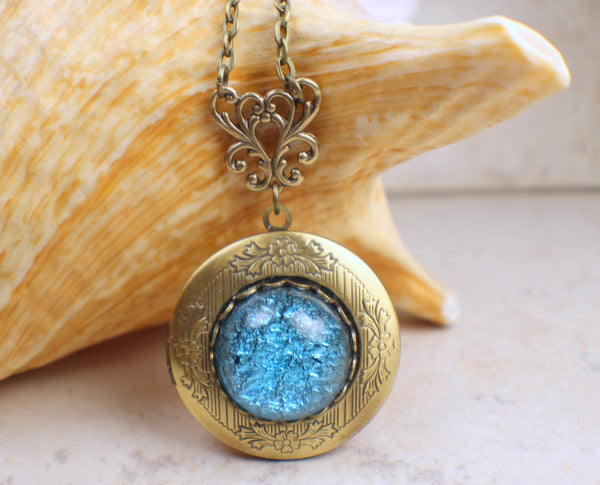 Aqua Blue Glass Fire Photo Opal Locket