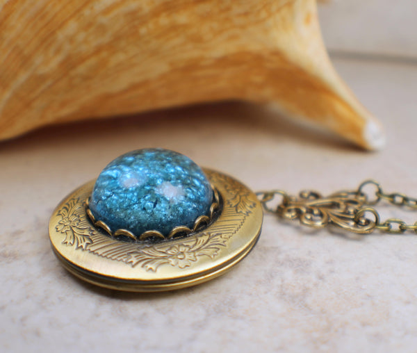 Aqua Blue Glass Fire Photo Opal Locket