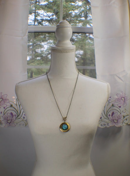 Aqua Blue Glass Fire Photo Opal Locket