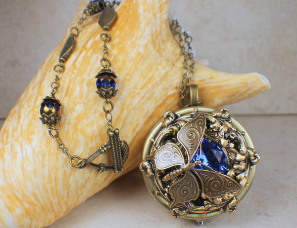 Blue Crystal Butterfly Music Box Locket