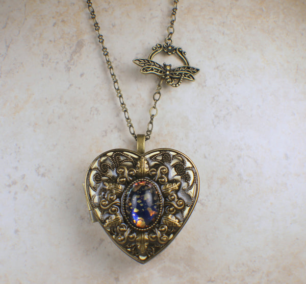 Blue and Gold Glass Opal Music Box Locket