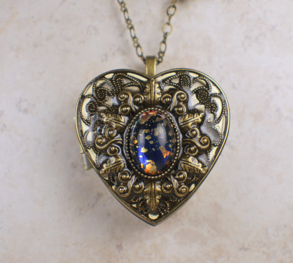Blue and Gold Glass Opal Music Box Locket