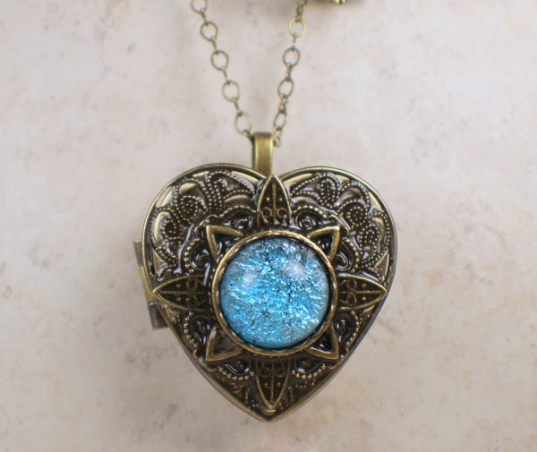 Aqua Glass Opal Music Box Locket