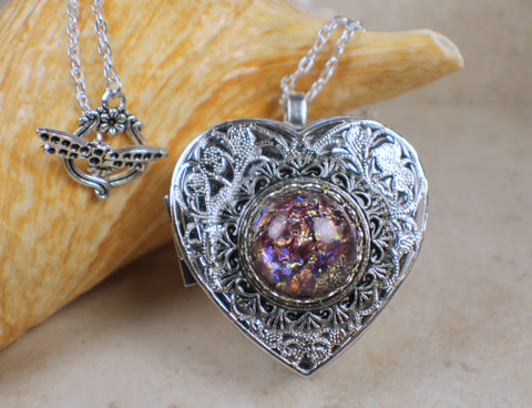 Amethyst Glass Opal Silver Music Box Locket