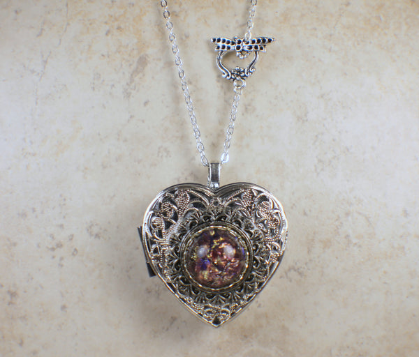 Amethyst Glass Opal Silver Music Box Locket