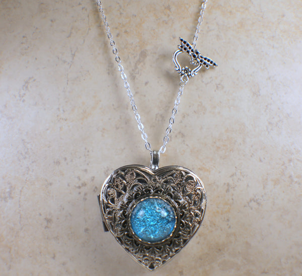 Aqua Blue Glass Opal Silver Music Box Locket