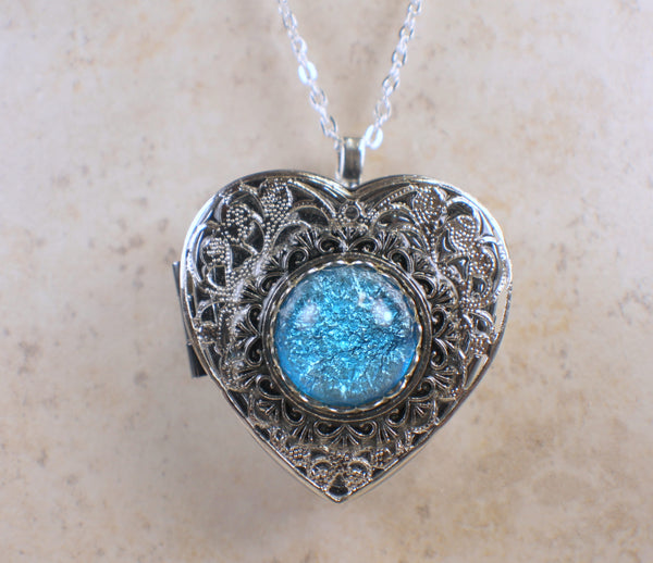 Aqua Blue Glass Opal Silver Music Box Locket