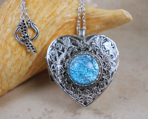 Aqua Blue Glass Opal Silver Music Box Locket