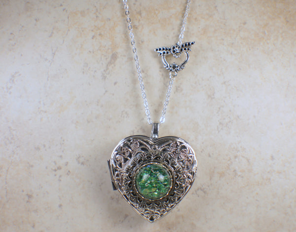 Emerald Green Glass Opal Silver Music Box Locket