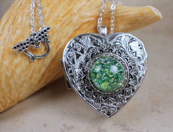 Emerald Green Glass Opal Silver Music Box Locket