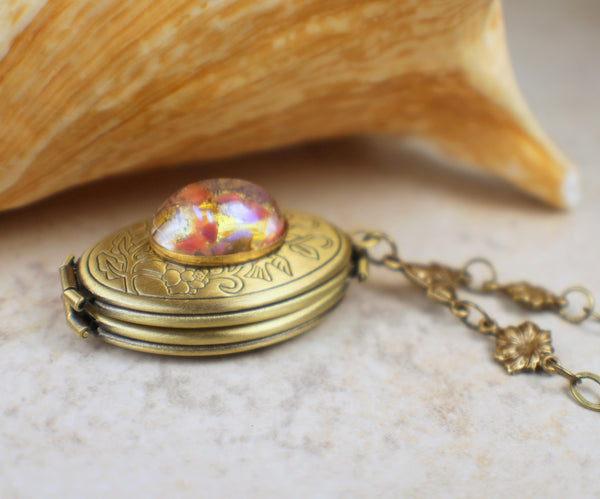 Monet Red Sunset Glass Opal Bronze Photo Locket