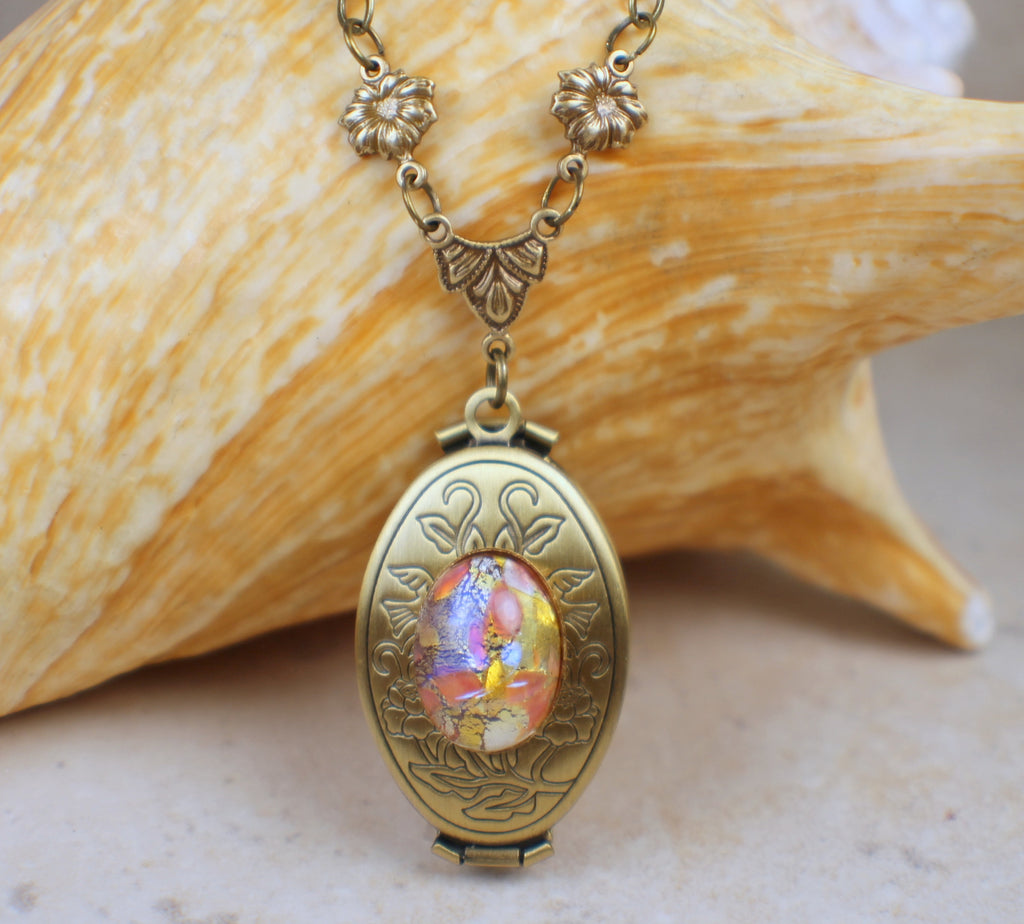 Monet Red Sunset Glass Opal Bronze Photo Locket