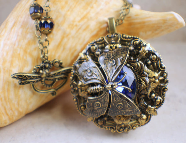 Blue Crystal Butterfly Music Box Locket