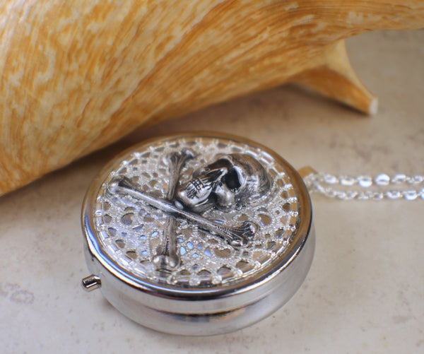 Skull and Crossbones Music Box Locket in Silver