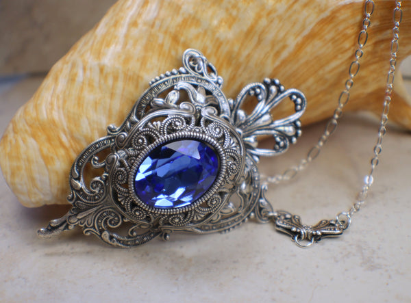 Sapphire Blue Swarovski Crystal and Filigree Pendant