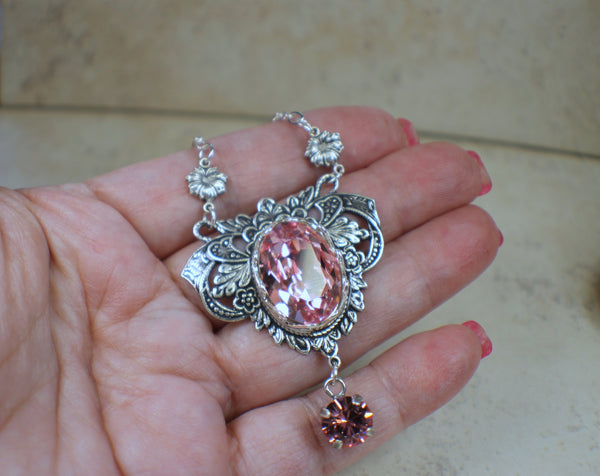 Rose Swarovski Crystal and Filigree Necklace